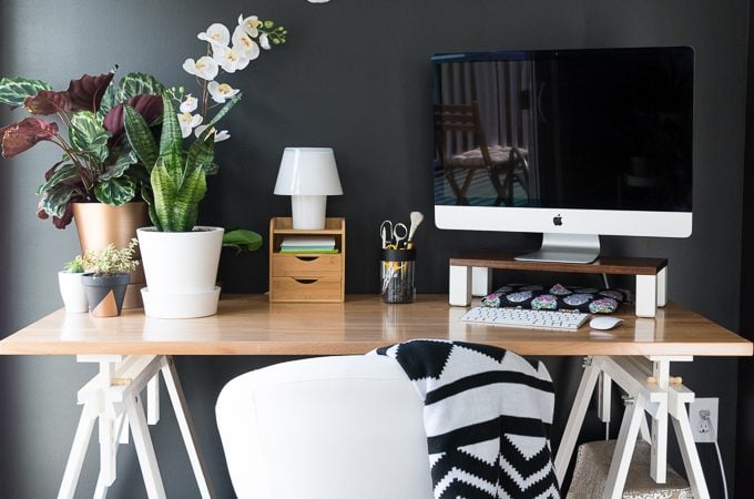 My Fall 2016 One Room Challenge Reveal! This is my modern multi-use space, which we use for my office space, our dining space, and kitten cuddles.
