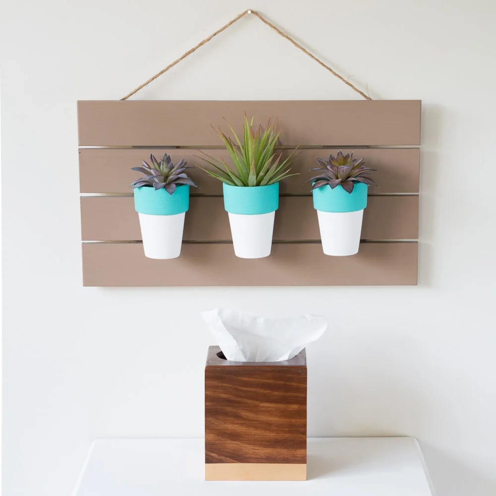 faux succulents hanging on a wall