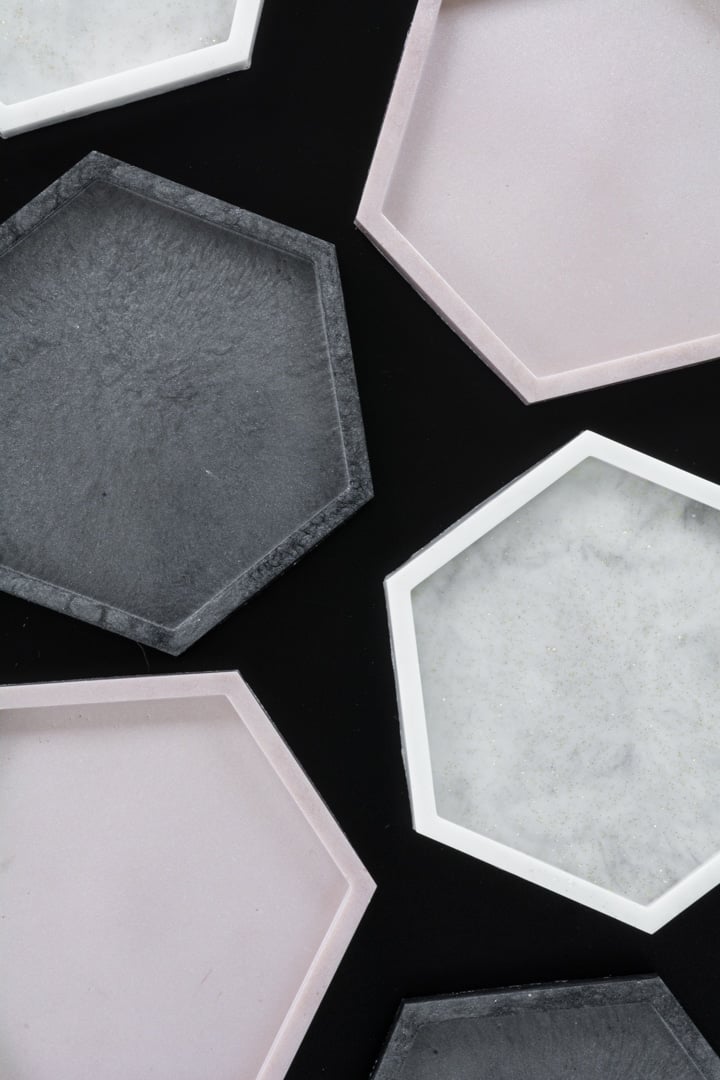 DIY epoxy resin coasters using a hexagon silicone coaster mold