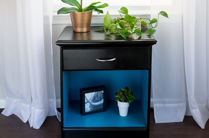 Bold nightstand makeover using DecoArt Americana Decor Satin Enamels in Classic Black and True Teal