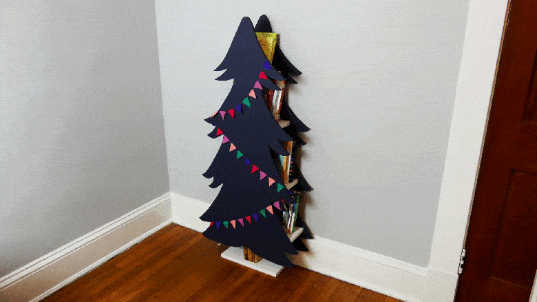 Bookshelf hidden by a wooden tree form