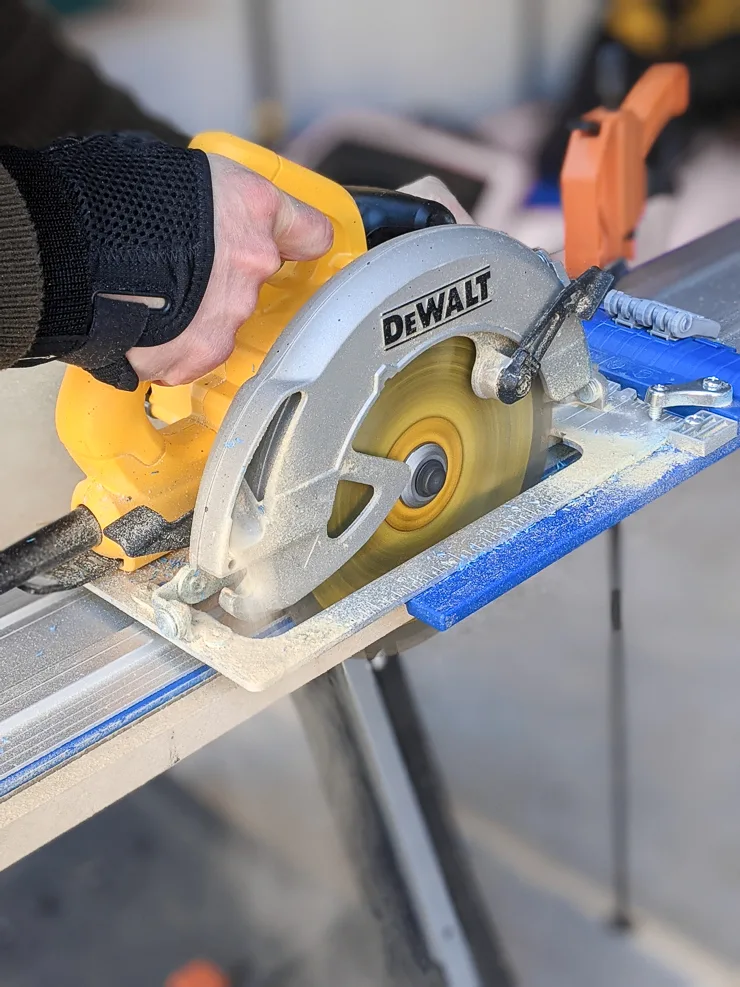 using the Kreg accu-cut and a circular saw to cut the tabletop for a DIY lego table