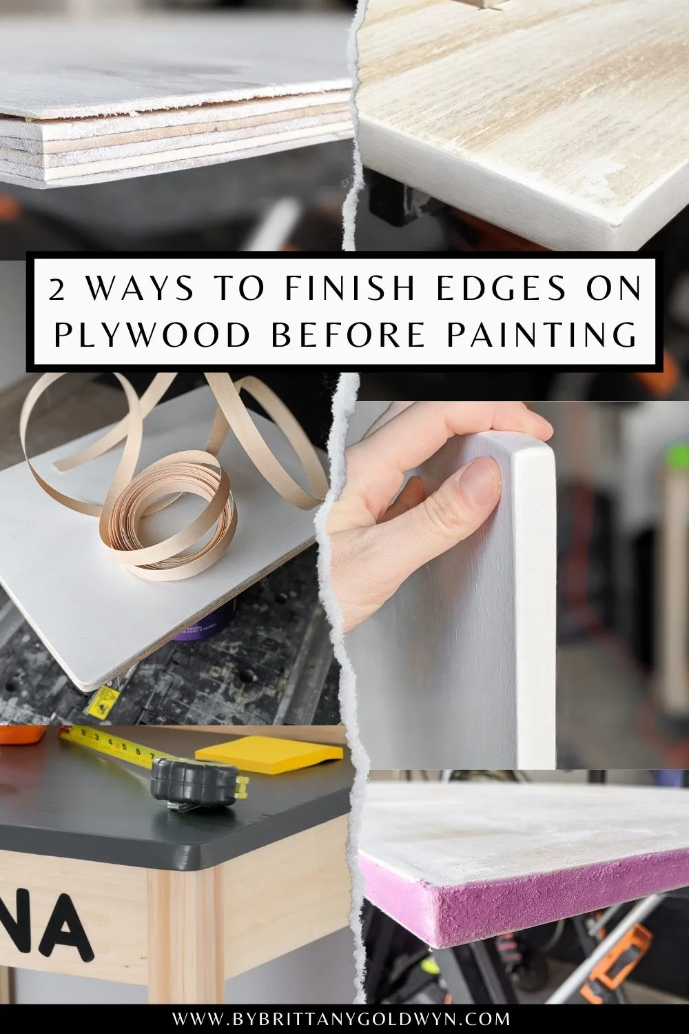 pinnable graphic with images of plywood projects and text about ways to finish edges on plywood before painting