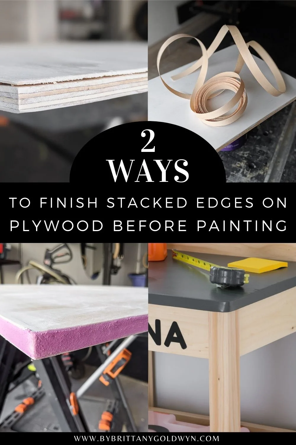 pinnable graphic with images of plywood projects and text about ways to finish edges on plywood before painting