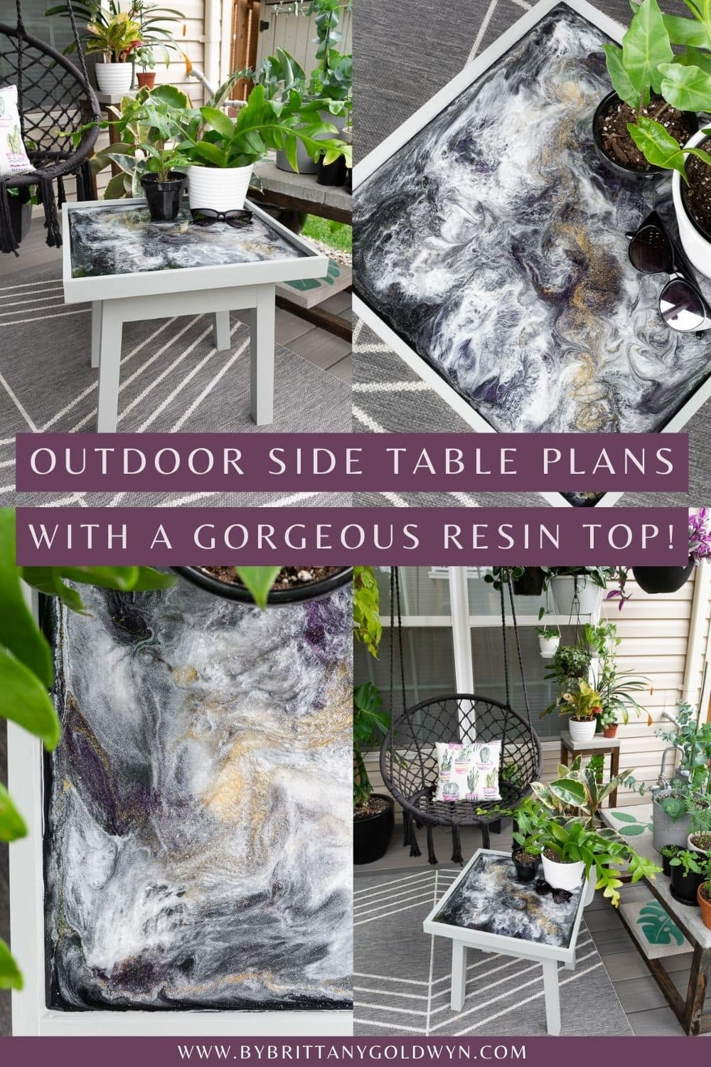 Small outdoor side table plans with an epoxy resin glitter table top!