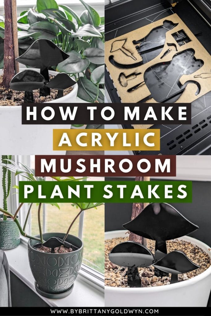 collage that says how to make acrylic mushroom plant stakes with pictures of the process