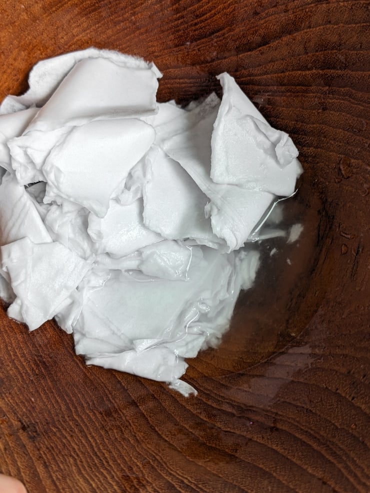 wet scraps of paper in a bowl