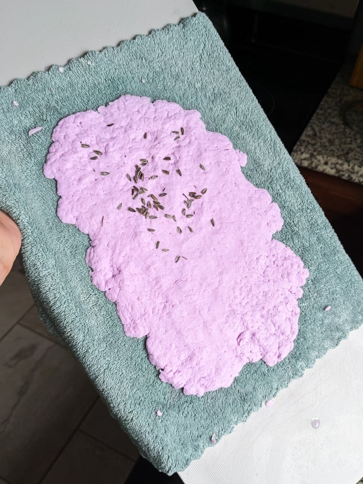 adding seeds to plantable seed paper mix