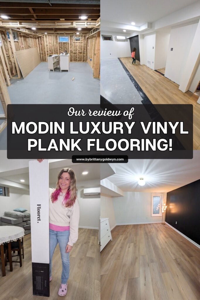 collage of a basement that says our review of modin luxury vinyl plank flooring