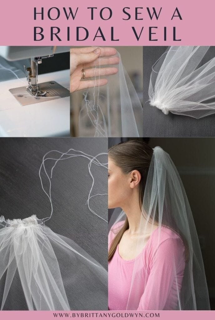 collage about how to sew a bridal veil with pictures of the process