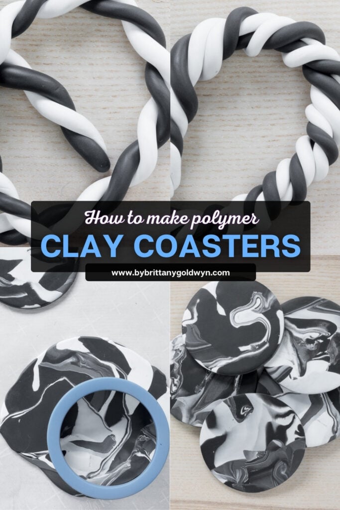 pinnable graphic about how to make DIY polymer clay coasters including images and text overlay