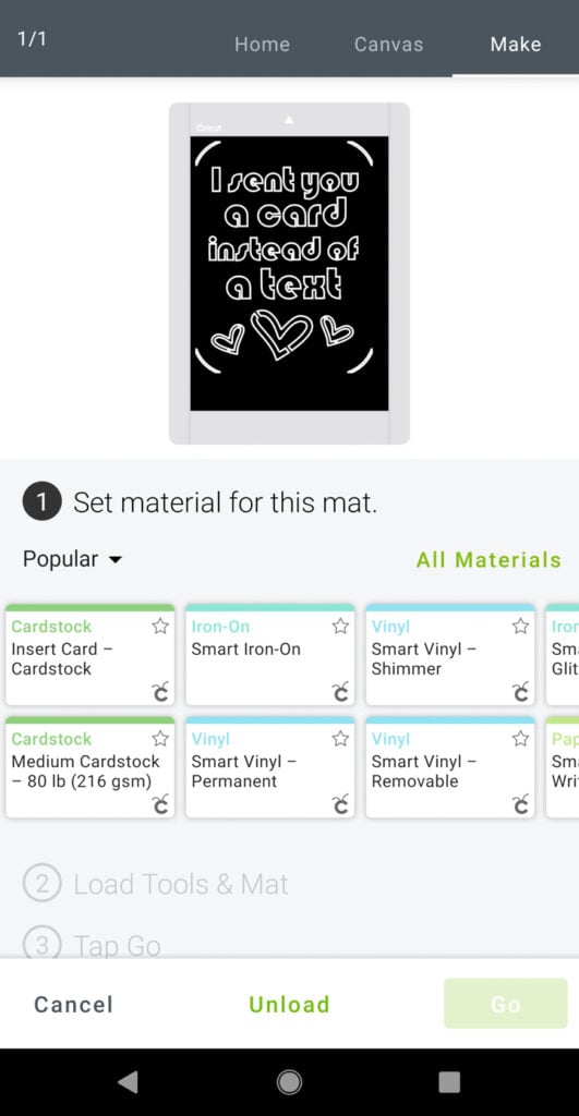 screenshot of Cricut Design Space on mobile