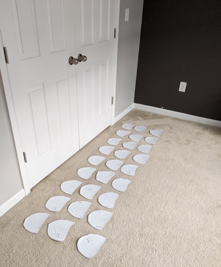 decals lined up on the carpet