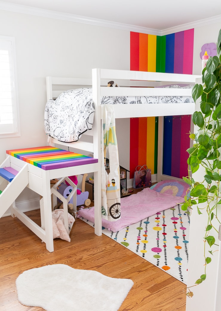 painted rainbow striped wall in a kids room