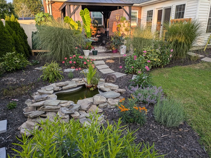 beautiful backyard with a pond