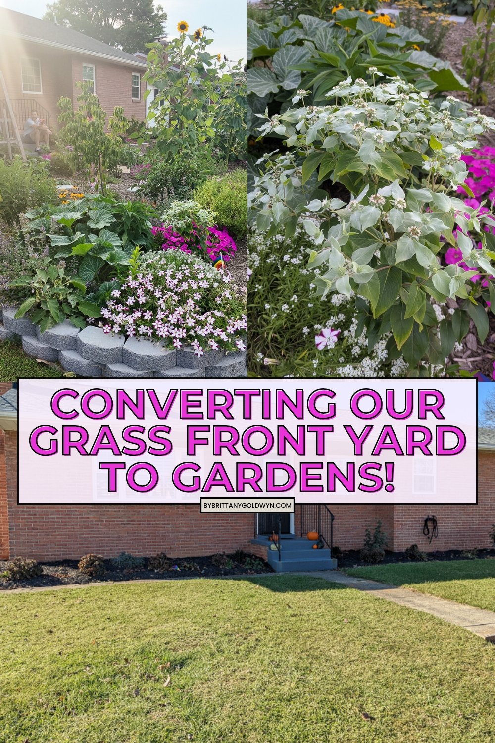 collage that says converting our grass front yard to gardens with before and after photos