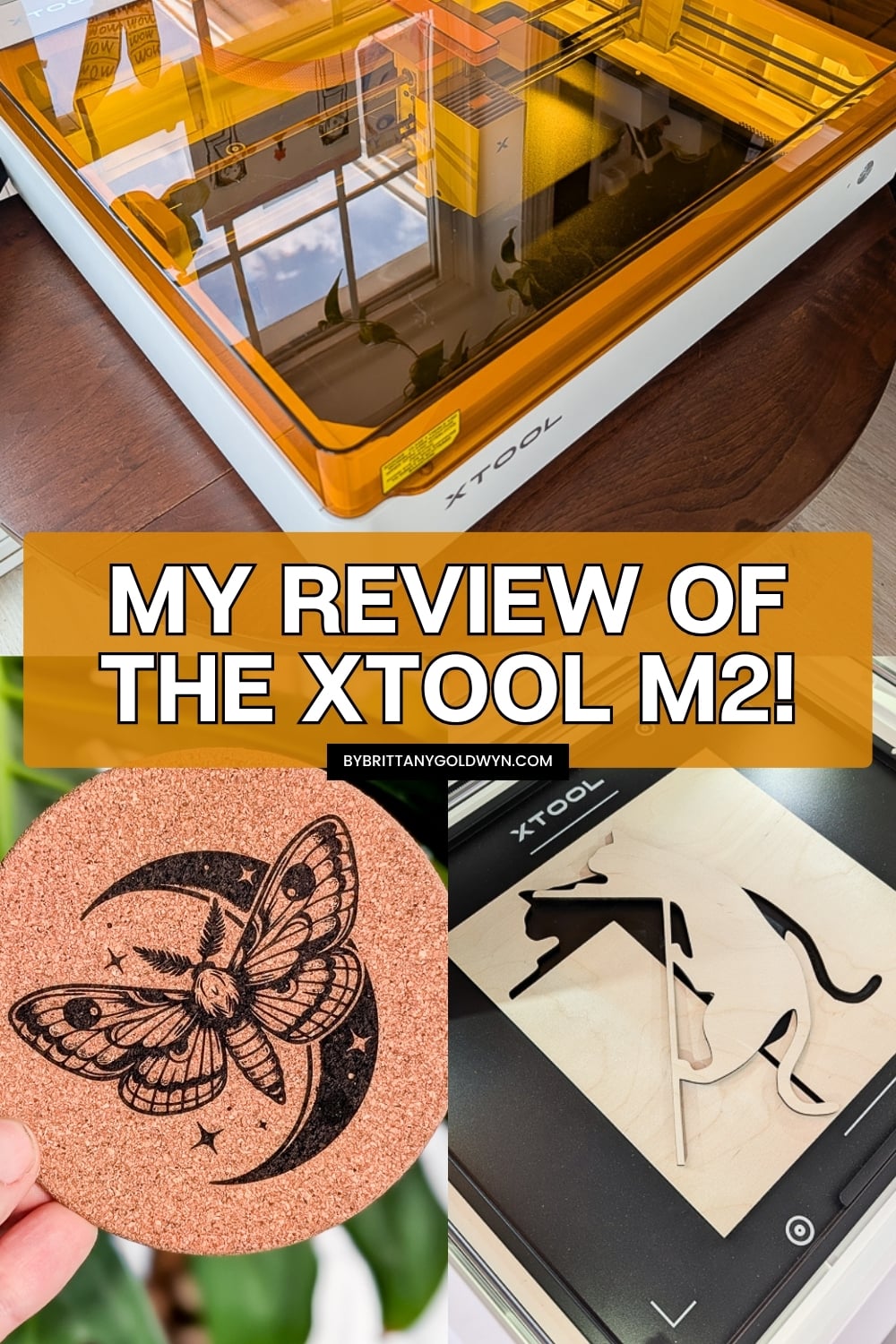 collage that says my review of the xtool m2 with pictures of the machine and projects